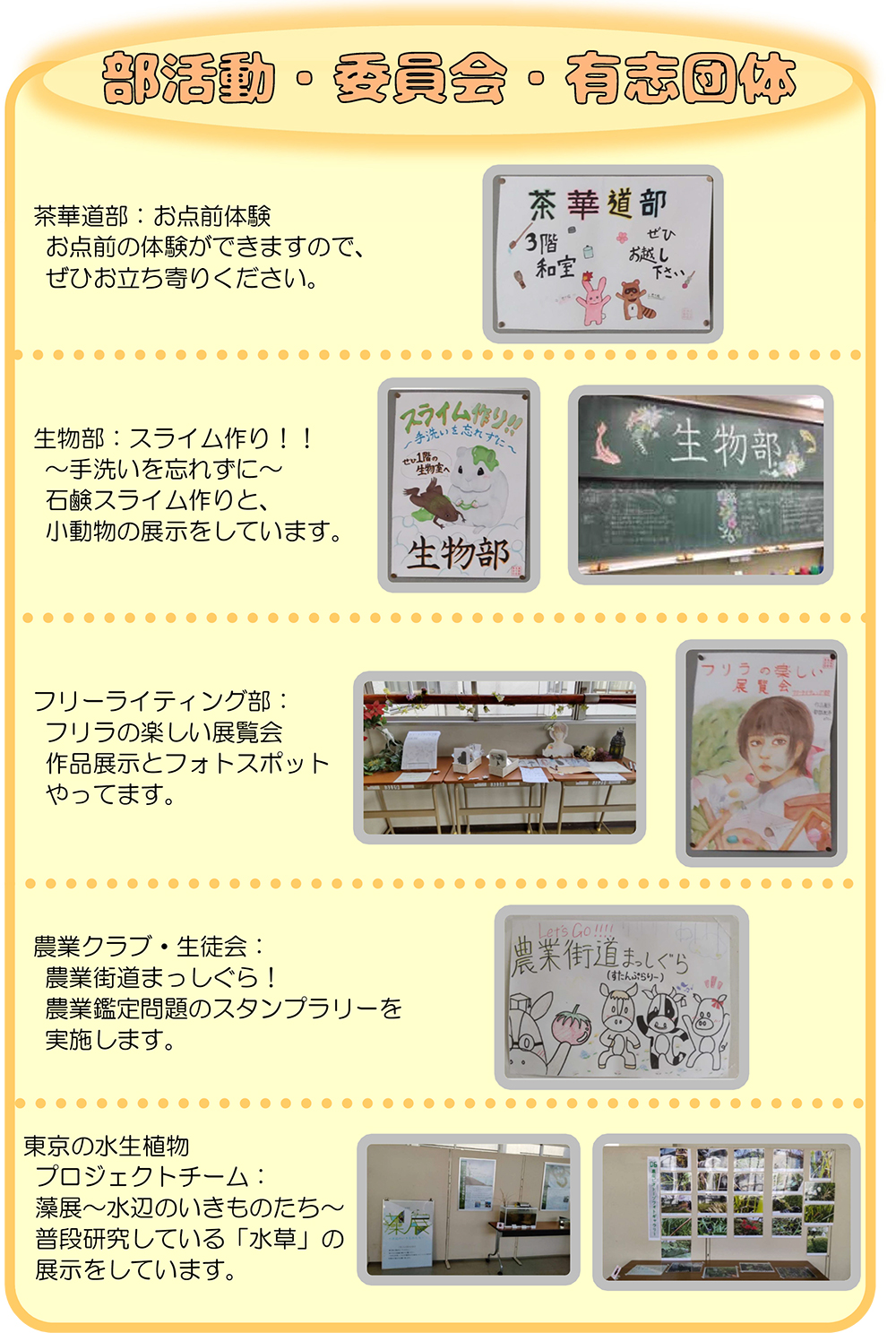 茶華道部・生物部・フリーライティング部・農業クラブ・生徒会東京の水生植物プロジェクトチーム